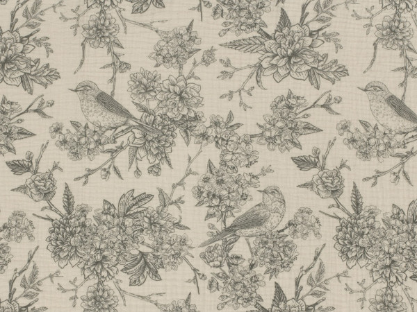 Musselin Double Gauze Blumen und Vogel