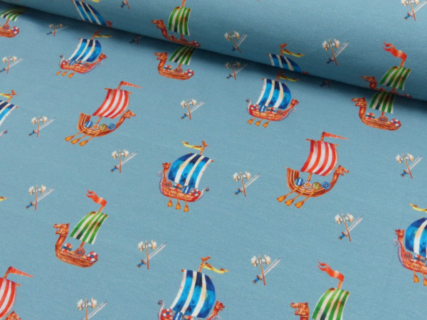 Baumwoll Jersey Digital Druck Wikinger Drachenschiff